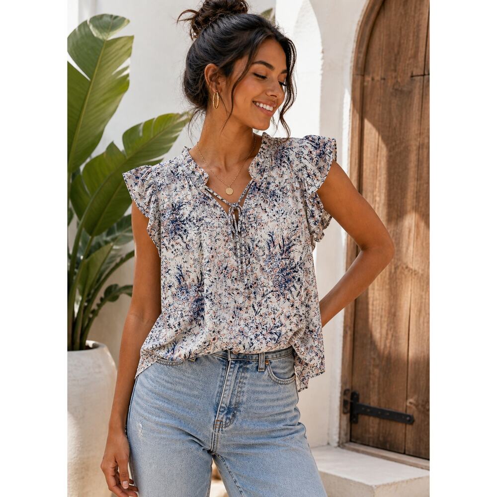 Lucky Brand Floral Boho Blouse Size Small Ruffle Sleeve Tie Neck Top